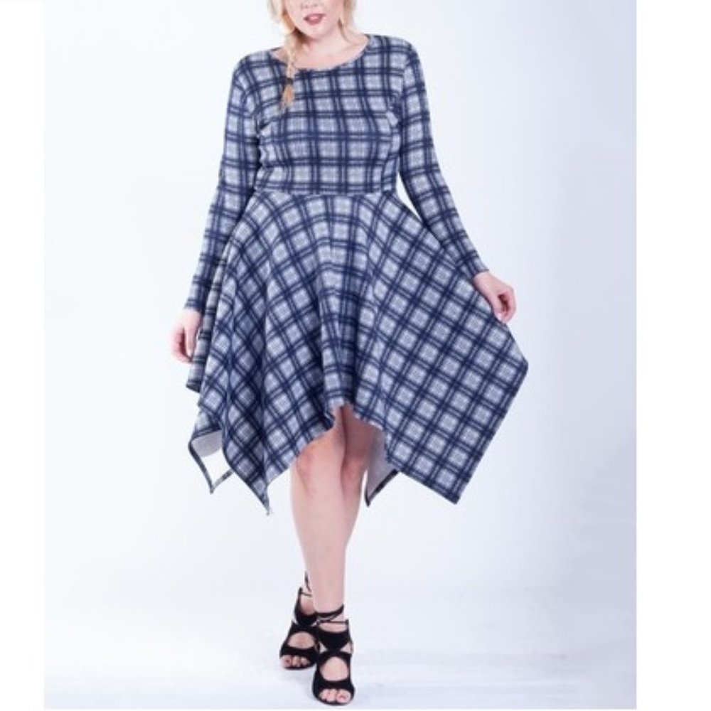 Navy & White Plaid Handkerchief-Hem Dress